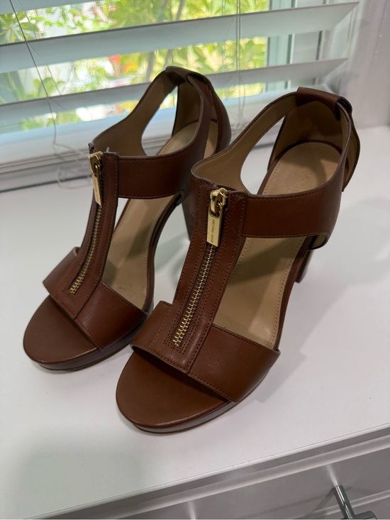 Michael Kors Shoes - Michael Kors Brown Leather Zip-Front Block Heel Sandals